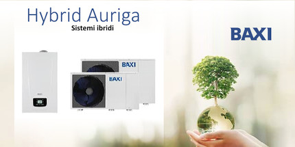 Sistema ibrido Baxi Hybrid Auriga in offerta, per riscaldamento, raffrescamento ed erogazione ACS composto da composto da una pompa di calore aria-acqua monoblocco inverter da 8 kW con gas ecologico R32, da una caldaia a gas a condensazione in classe A da 24 kW, da un tampone da 50 litri e da una centralina elettronica automatica, disponibile a magazzino in pronta consegna